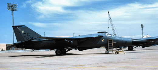 
General Dynamics F-111F AF Serial No. 70-2406 of the 523d TFS in 1990s camouflage motif. This aircraft was retired to AMARC on 19 October 1995