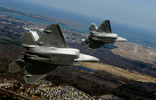 
Two F-22A turn in on final approach to Langley Air Force Base