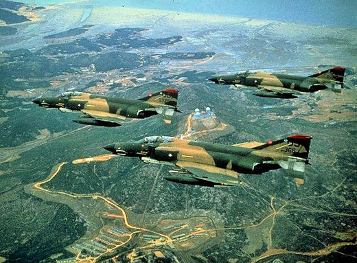 
Three 36th Fighter Squadron McDonnell Douglas F-4E-37-MC Phantoms in flight. AF Serial No. 68-0328 and 68-0365 identifiable.