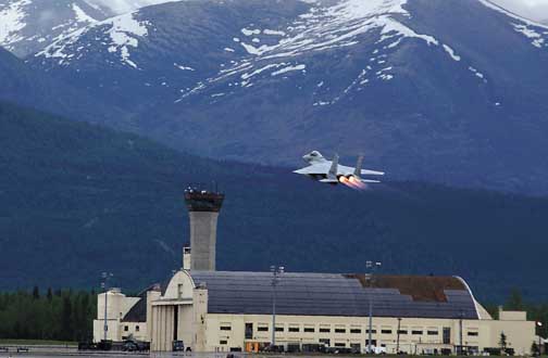 
A Japanese F-15 takes off from Elmendorf during a joint exercise.