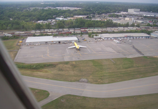 
Two buildings of ROC's USAirports cargo terminal, seen from a departing jet in August 2007.
