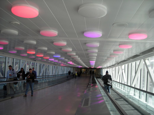 
Walkway from the terminal to the parking garage with motion-activated lights