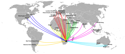 
Long Haul International cities with direct passenger air links to Johannesburg