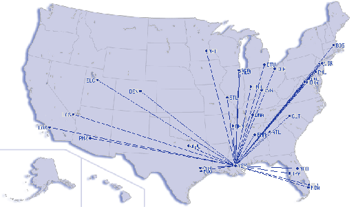 
Domestic destinations served from Louis Armstrong New Orleans International Airport (as of September 2008)
