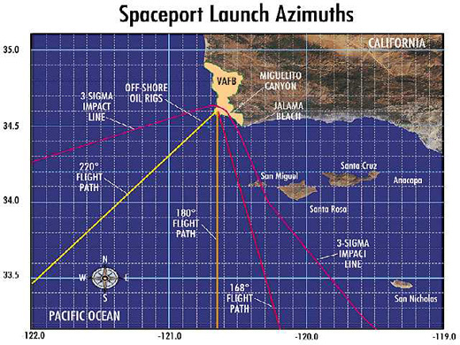
Map of possible launch azimuths from Vandenberg AFB for both ICBM missile tests and orbital space launches over the Pacific Ocean