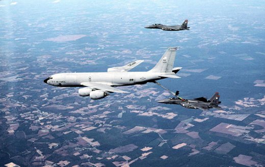 
An F-15E from Seymour Johnson Air Force Base, NC receives fuel from a 91st Air Refueling Squadron KC-135R.