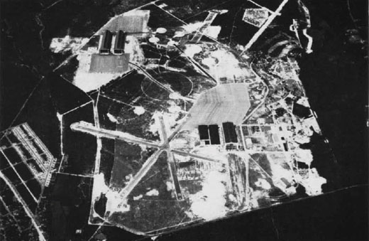 
Aerial view of NAS Lakehurst in the 1940s with the airship hangars