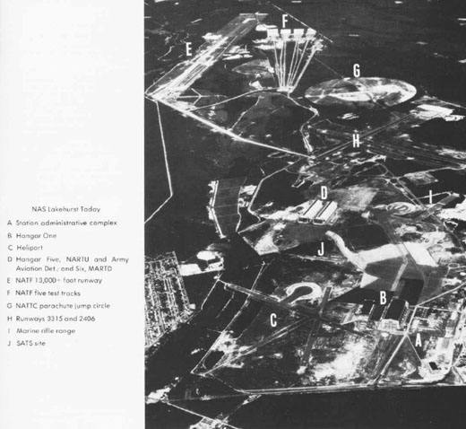 
Aerial view of NAS Lakehurst in the early 1970s with an index of its facilities