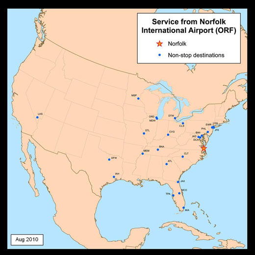 
Destinations with direct service from Norfolk.