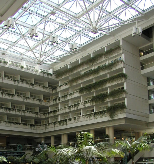 
View of the East Atrium, showing the on-site hotel rooms of the Hyatt Regency