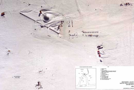 
An aerial view of the Amundsen–Scott South Pole Station taken in about 1983. The central dome is shown along with the arches, with various storage buildings, and other auxiliary buildings such as garages and hangars.