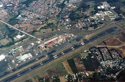 
Aerial view of terminal buildings and main runway, 2003.