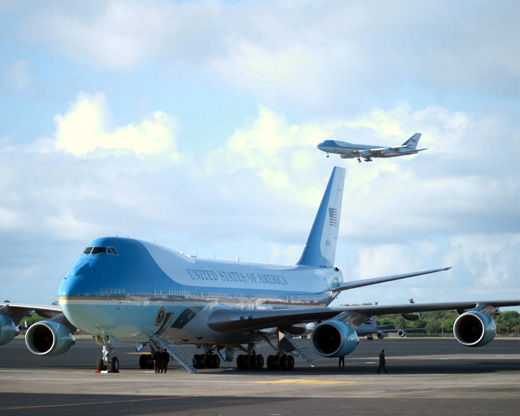 
Air Force One (in air) and its backup on the ground during a 2003 visit by George W. Bush