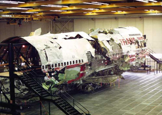 
TWA Flight 800 reassembled in the building