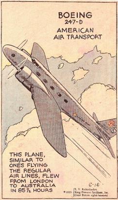 Boeing 247D in its MacRobertson Race markings, c. 1934. Note the inaccurate race number and dramatic pose in this fanciful 1935 illustrated card art.