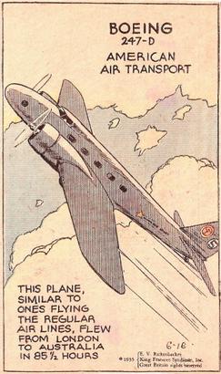 Boeing 247D in its MacRobertson Race markings, c. 1934. Note the inaccurate race number and dramatic pose in this fanciful 1935 illustrated card art.