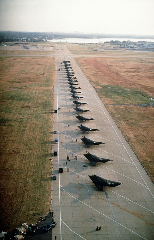 22 F-117A aircraft from the 37th Tactical Fighter Wing at Langley AFB, Virginia, prior to being deployed to Saudi Arabia for Operation Desert Shield