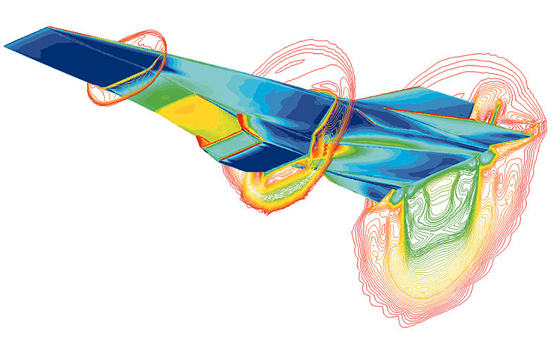
A simulation of the Hyper-X scramjet vehicle in operation at Mach-7