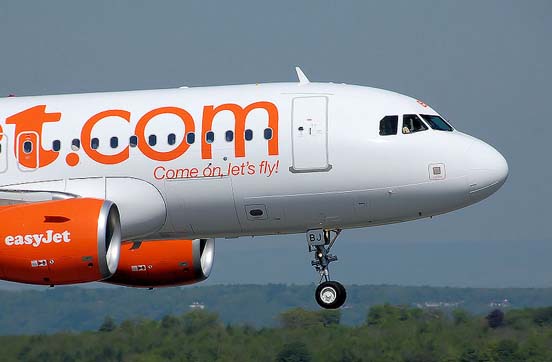 
The nose undercarriage of an EasyJet Airbus A319-100. This airliner is landing at Bristol Airport, England