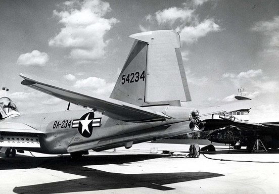 
The tail of a Martin B-57E with rudder deflected to starboard.
