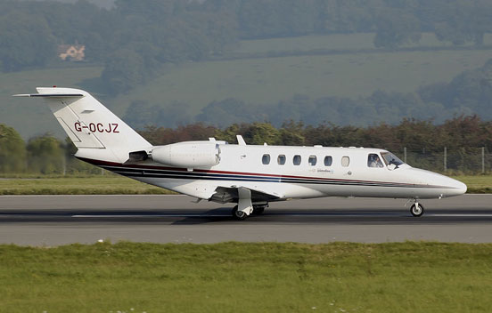 
Cessna 525A CitationJet CJ2 on the takeoff run at Bristol Airport, England