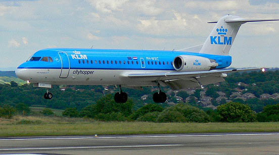 
KLM Fokker 70 at Leeds Bradford International Airport, UK