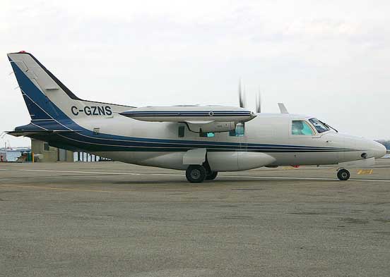 
A stretched-fuselage Mitsubishi MU-2 Marquise taxiing at the Toronto City Centre Airport. This MU-2 is operated in a medevac configuration by Thunder Airlines of Thunder Bay, Canada
