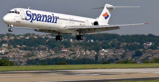 
Spanish airline Spanair MD-83 at Leeds Bradford Airport, UK.