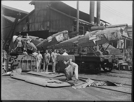 
Tiger Moth aircraft under construction / maintenance, in the mid 20th Century, in Australia, at the Clyde Engineering works