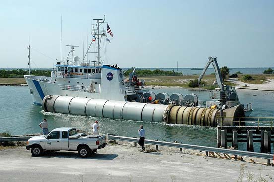 
Solid rocket booster of the STS-114 mission being recovered and transported to Cape Canaveral.