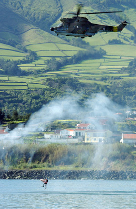 
Portuguese Air Force Puma in support of a Space Shuttle Recovery Exercise at Lajes Field, Azores.