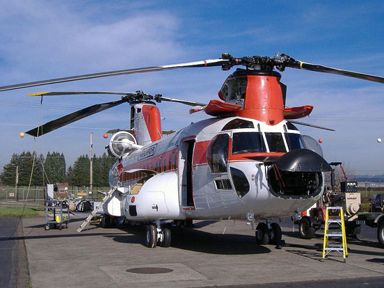 
Model 234 C-FHFB (cn MJ005) during inspection at Columbia Helicopters helipad adjacent to Aurora State Airport. Aircraft under lease to Helifor. Formerly G-BISN with British Airways.