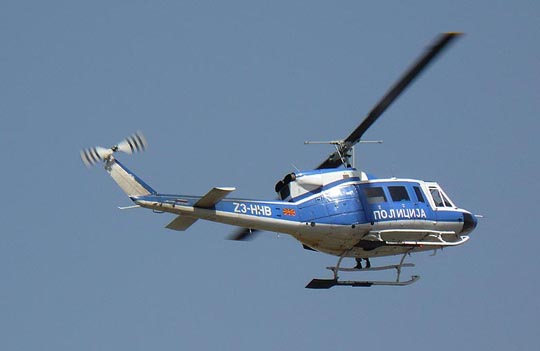 
Bell 212 of the Macedonian Police flying over downtown Skopje, 2008