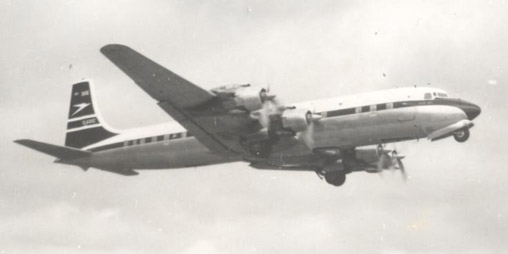 
BOAC DC-7C G-AOIC taking off from Manchester UK in April 1958 for a non-stop flight to New York (Idlewild) (later JFK)