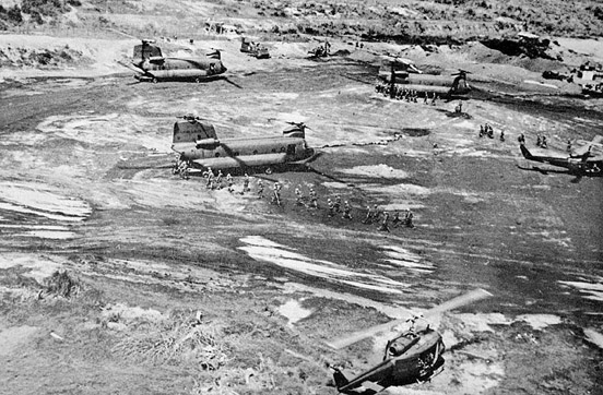 
U.S. troops board CH-47 Chinooks and UH-1 Hueys during Operation Crazy Horse, Vietnam, 1966.