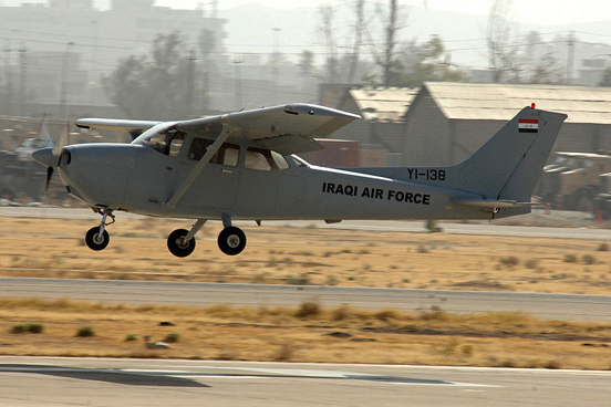 
An Iraqi Air Force Cessna 172 lands at Kirkuk Air Base.