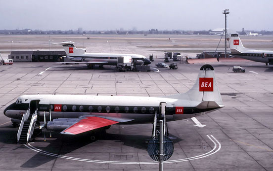 
British European Airways Hawker Siddeley Trident at London Heathrow Airport (in the background) in 1964. In the front is a BEA Vickers Viscount and on the right a BEA Vickers Vanguard