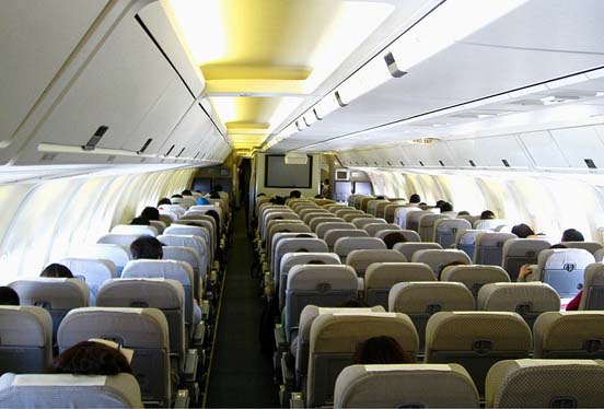 
767-300 economy cabin in 2-3-2 layout with traditional interior.