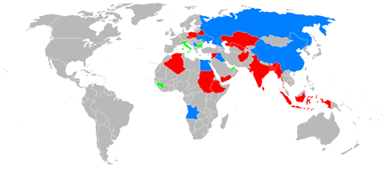 
An-12 operators (military operators in red, civil operators in green, and operators for both military and civil purposes in blue)