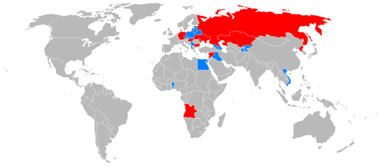
Operators of the Tu-134 in red (countries without military operators in blue)