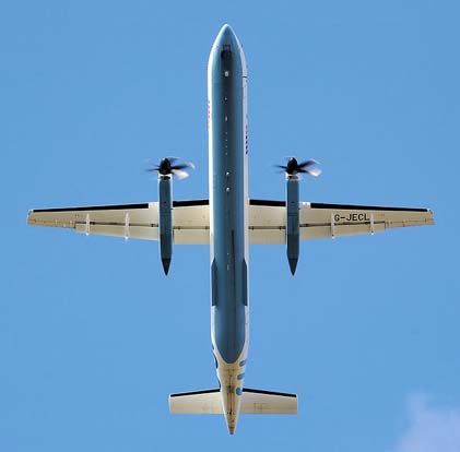 
Planform view of a Flybe Q400 take off, showing the high aspect ratio wings, the slender nacelles (containing the main undercarriage) and the pointed nose.