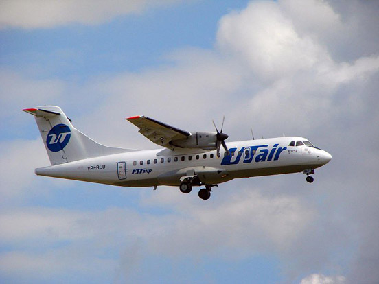 
UTair Aviation ATR 42 twin-turboprop landing in Vnukovo airport, Moscow.