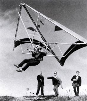 
First flights of Richard Miller's Bamboo Butterfly hang glider. Vista Del Mar. California, 1966.
