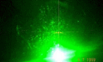 
FAA flight simulator showing veiling glare where it is hard to see through the light to the background scene. Light level 5.0 μW/cm²; for example, a legal 5 mW laser pointer at 1,200 feet (365 m).