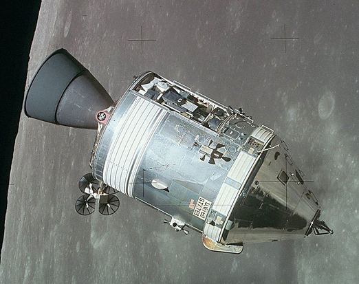 
The Apollo 15 Command/Service Module as viewed from the Lunar Module on August 2, 1971.
