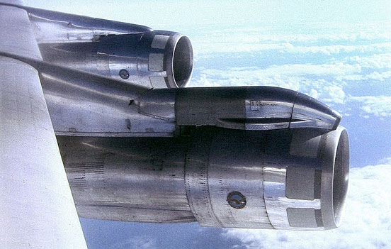 
View of number 1 (top left) and 2 (center) Pratt & Whitney JT3D jet engines on the port side of a British Caledonian Boeing 707 showing the peculiarity of the number 1 engine mount (the further of the two) which is different from the other three, June 1975.