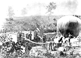 
The Union Army Balloon Intrepid being inflated from the gas generators for the Battle of Fair Oaks