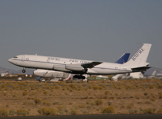 
Omega Air's 707-330C testbed for the 707RE program takes off from the Mojave Airport