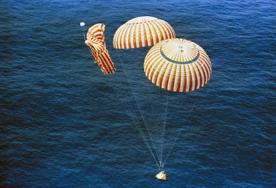 
The Apollo 15 capsule landed safely despite a parachute failure.