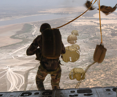 
A military parachutist about to jump above Dakar, Senegal